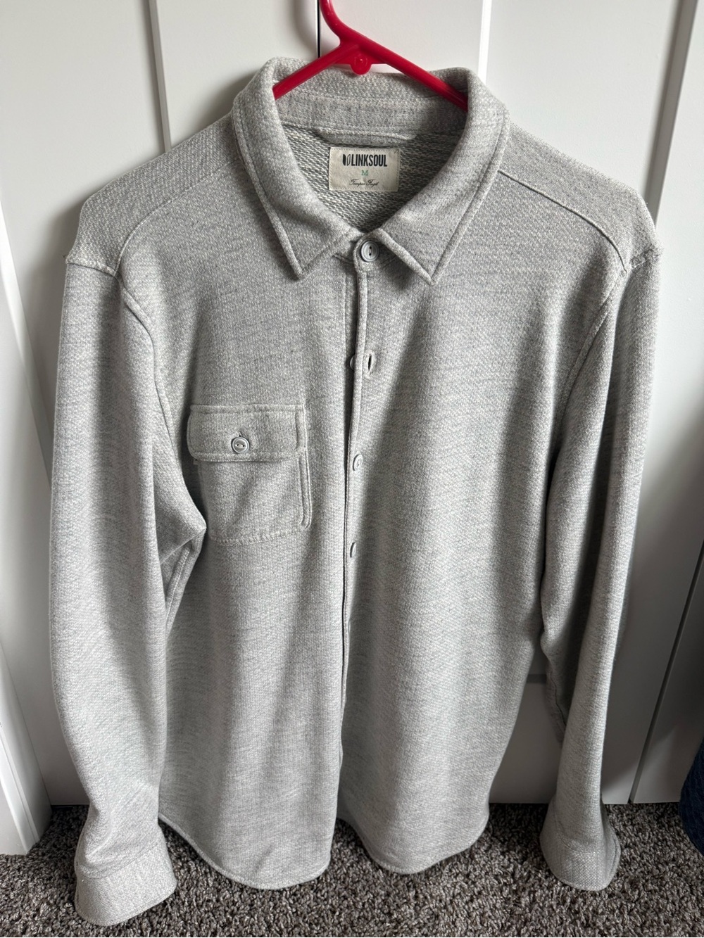 LinkSoul Men's Light Gray Knit Button-Up Sweater Shirt. Size medium